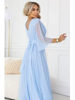 654-3 Dlouhé třpytivé plus size šaty s výstřihem a průhlednými rukávy - modré 654-3 Dlouhé třpytivé plus size šaty s výstřihem a průhlednými rukávy - modré