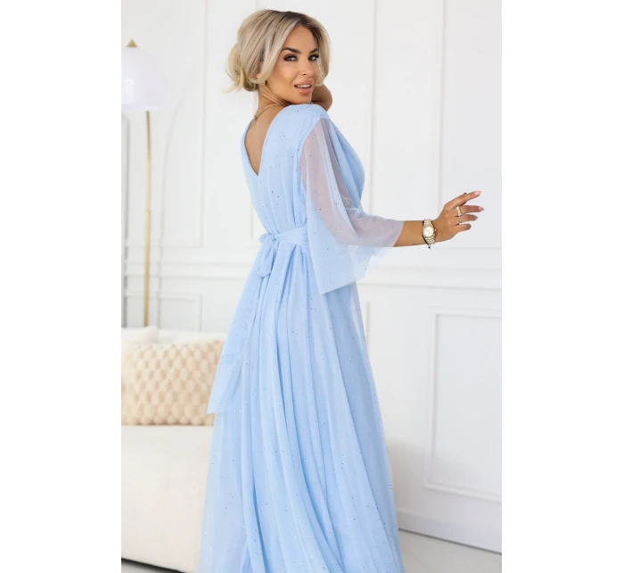 654-3 Dlouhé třpytivé plus size šaty s výstřihem a průhlednými rukávy - modré 654-3 Dlouhé třpytivé plus size šaty s výstřihem a průhlednými rukávy - modré
