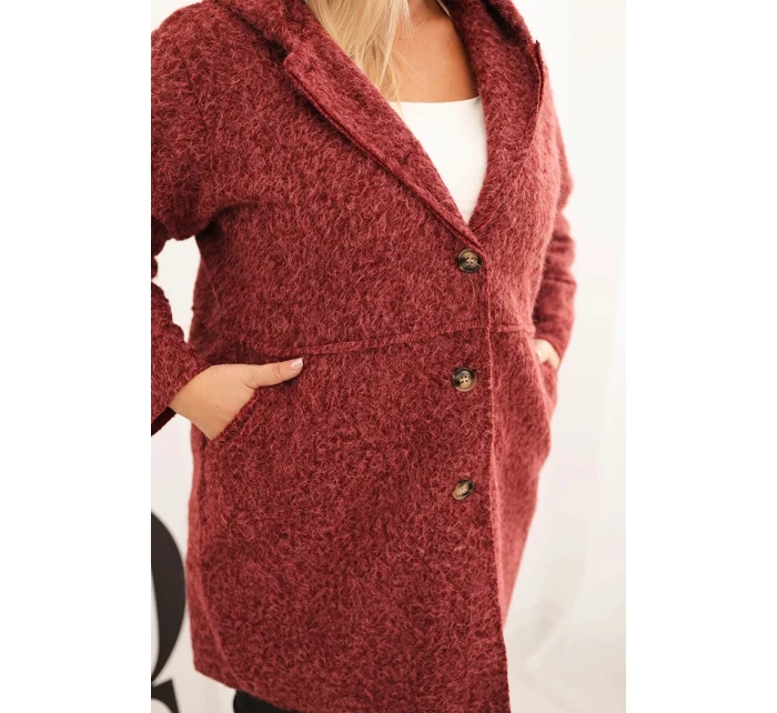 Dámský kabát Plus Size s kapucí a kapsami bordový Dámský kabát Plus Size s kapucí a kapsami bordový