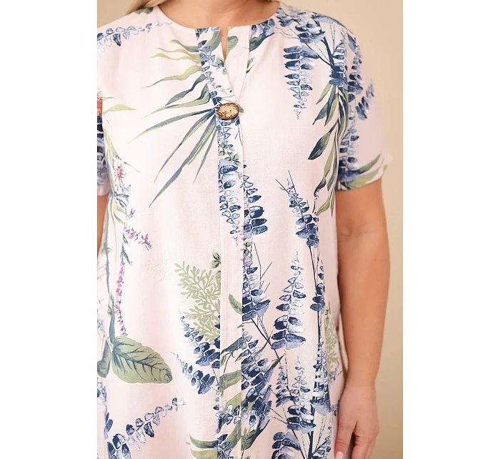 Dámské viskózové šaty Plus Size s krátkým rukávem a výstřihem na knoflíky pudrově růžové