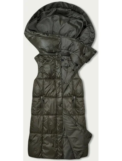 Jednoduchá dámská vesta v khaki barvě s kapucí model 18833477 - W COLLECTION Jednoduchá dámská vesta v khaki barvě s kapucí model 18833477 - W COLLECTION