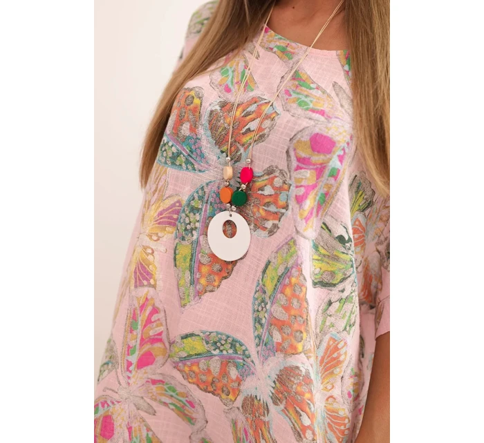 Dámská bavlněná blůza s motivem motýlů s krátkým rukávem cukrová růžová Dámská bavlněná blůza s motivem motýlů s krátkým rukávem cukrová růžová