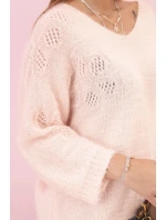 Dámský svetr z mohéru volného střihu s výstřihem do V pudrově růžový Dámský svetr z mohéru volného střihu s výstřihem do V pudrově růžový
