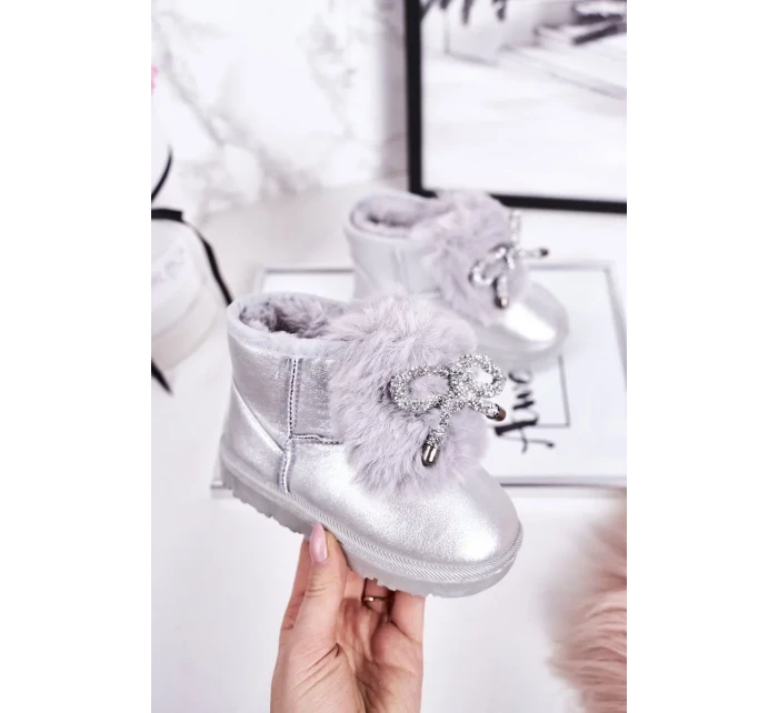 Dívčí Sněhové Teple Boty S Kožešinou Stříbrné Aurora