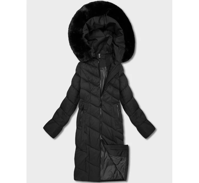 Černá dlouhá dámská bunda s kapucí (7662#-F06)