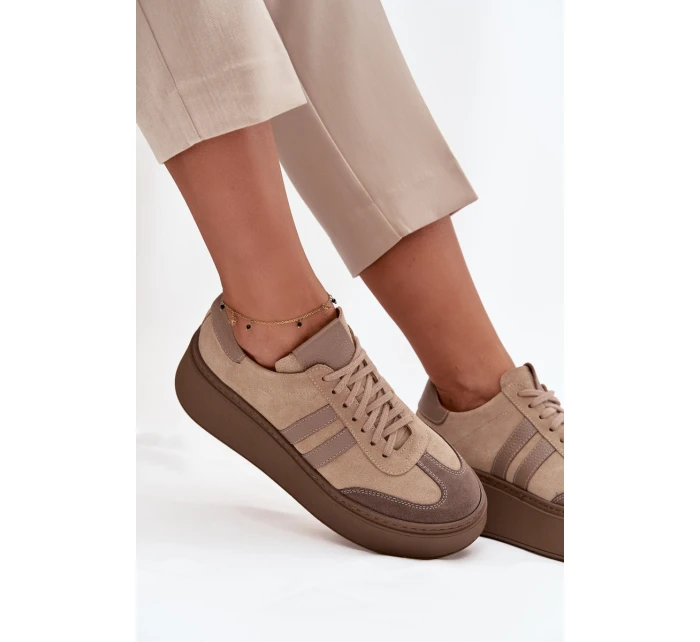 Kožené semišové dámské tenisky na platformě model 21713090 béžové - Zazoo