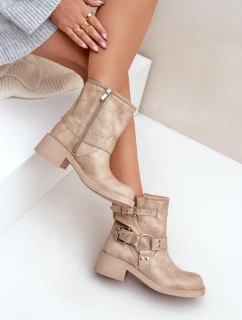 Dámské Kožené Kotníkové Boty Na Nízkém Bloku Podpatku S Pásky Zazoo 3644 Béžové