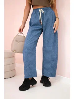 Máslové kalhoty zavazované v pase džínový melír