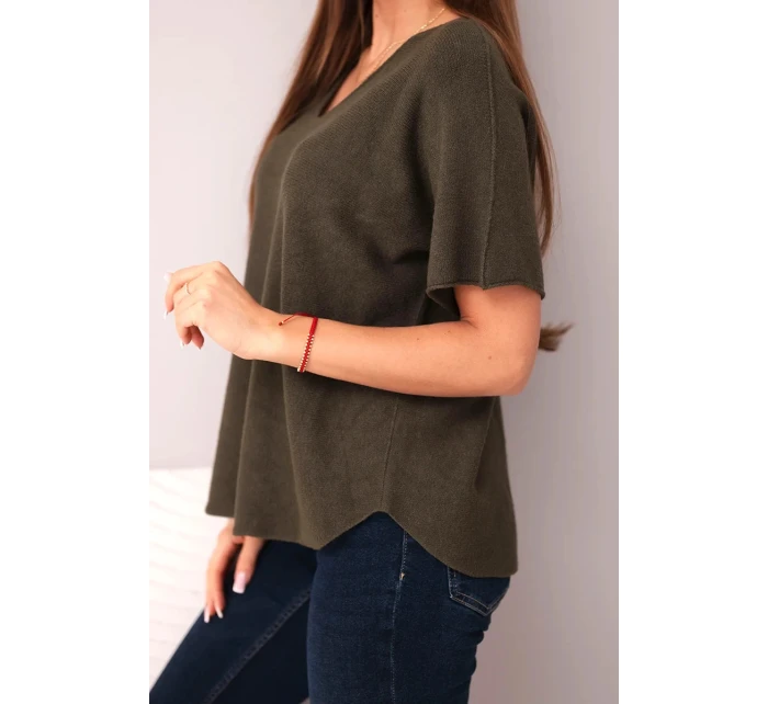 Dámská svetr s krátkým rukávem a výstřihem do V khaki