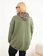 Dámská mikina Plus Size viskózová s kapucí a leopardími vložkami khaki