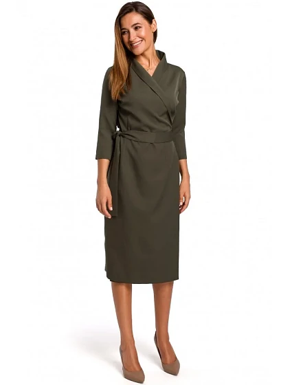 S175 Zavinovací šaty s vázáním - khaki barva S175 Zavinovací šaty s vázáním - khaki barva