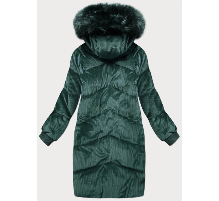 Dámská zimní manšestrová bunda v lahvově zelené barvě s kapucí (7764)