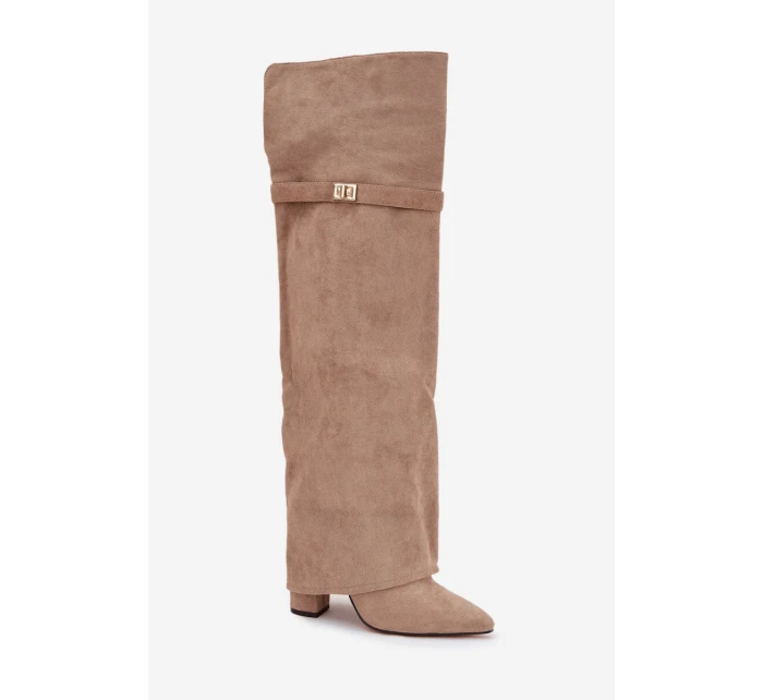 Zateplené kozačky s  dílem nad s podpatkem béžové model 21707699 - Boto