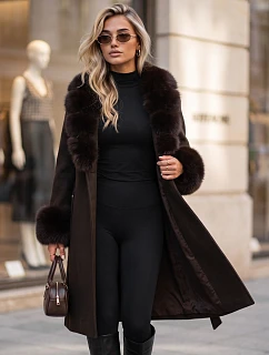 Dámský kabát s odnímatelným kožešinovým límcem, hnědý, FashionStreet TY6076