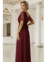 635-5 MELANIA dlouhé lesklé šaty s výstřihem a krátkými rukávy - vínové 635-5 MELANIA dlouhé lesklé šaty s výstřihem a krátkými rukávy - vínové