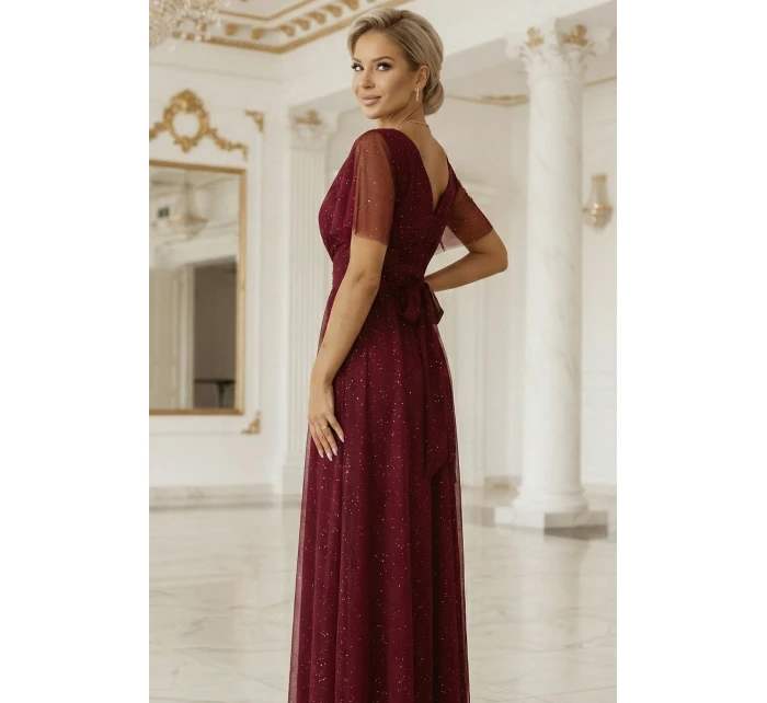 635-5 MELANIA dlouhé lesklé šaty s výstřihem a krátkými rukávy - vínové 635-5 MELANIA dlouhé lesklé šaty s výstřihem a krátkými rukávy - vínové