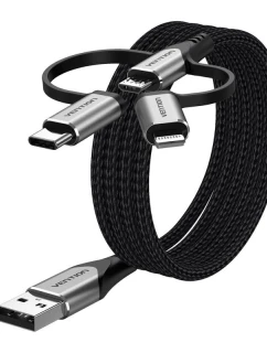 Vention USB-A 3v1 Micro-B USB-C Lightning kabel 1m šedý
