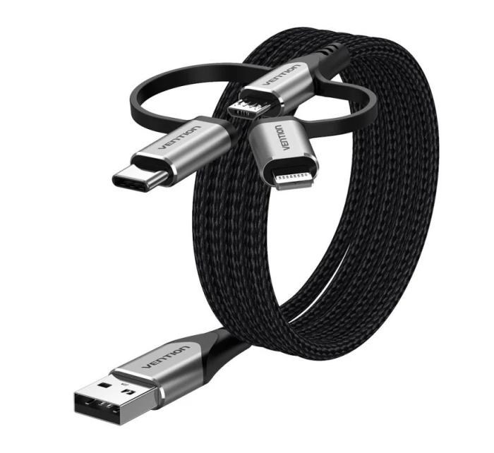 Vention USB-A 3v1 Micro-B USB-C Lightning kabel 1m šedý
