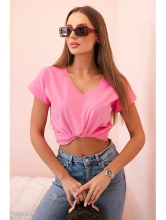 Dámská bavlněná blůza s model 21866404 výstřihem a krátkým rukávem světle růžová - K-Fashion