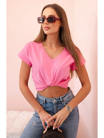 Dámská bavlněná blůza s model 21866404 výstřihem a krátkým rukávem světle růžová - K-Fashion