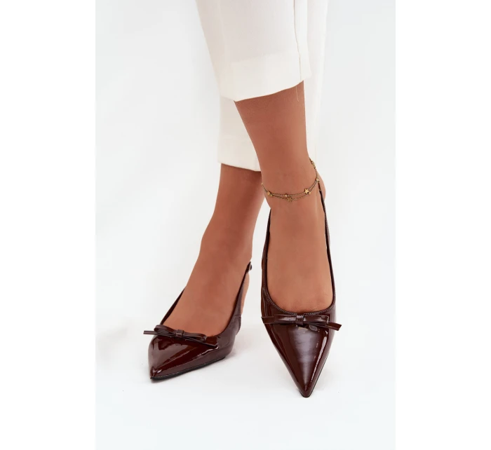 Lakované lodičky na jehlovém podpatku s mašličkou čokoládové Olvena