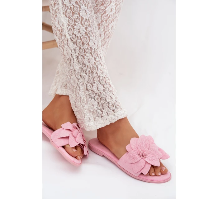 Dámské ploché pantofle s ozdobnými květinami Růžové Elzoria