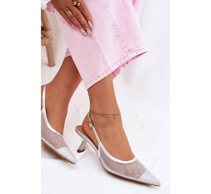 Calora Stříbrné Síťované Sandály Na Úzkém Podpatku Calora Stříbrné Síťované Sandály Na Úzkém Podpatku