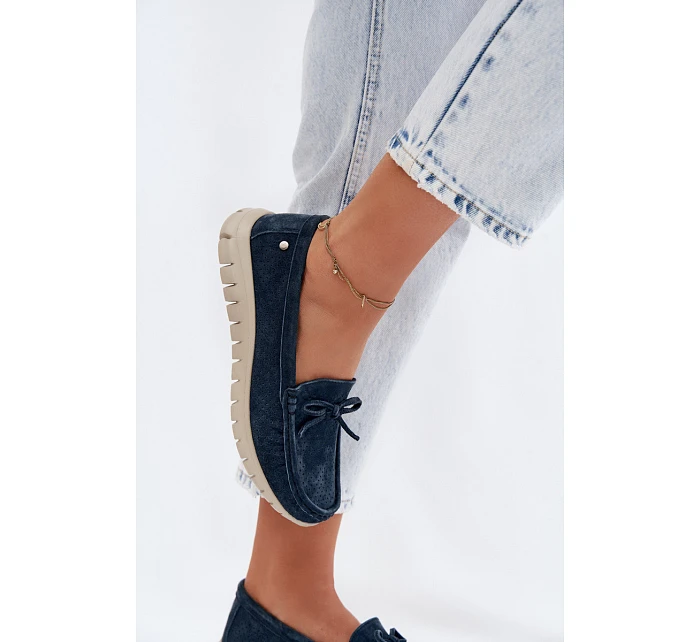 Dámské mokasíny z přírodního semiše s mašlí Vinceza 95401 tmavě modré