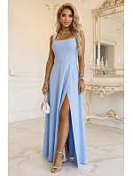 633-4 Dlouhé svatební šaty AURELIA s rozparkem a výstřihem - modré s třpytkami