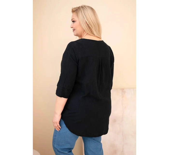 Dámská bavlněná halenka Plus Size s výstřihem na knoflíky černá Dámská bavlněná halenka Plus Size s výstřihem na knoflíky černá