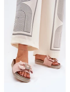 Dámské Pantofle Na Platformě S Mašlí A Ozdobnou Broží Růžové Lenela