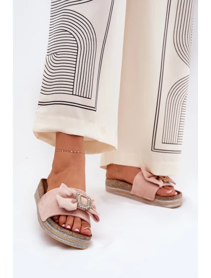 Dámské Pantofle Na Platformě S Mašlí A Ozdobnou Broží Růžové Lenela