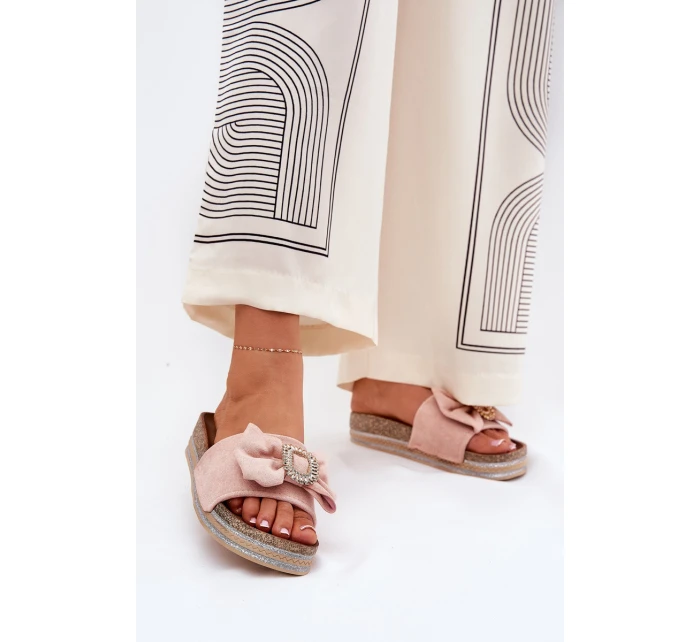 Dámské Pantofle Na Platformě S Mašlí A Ozdobnou Broží Růžové Lenela