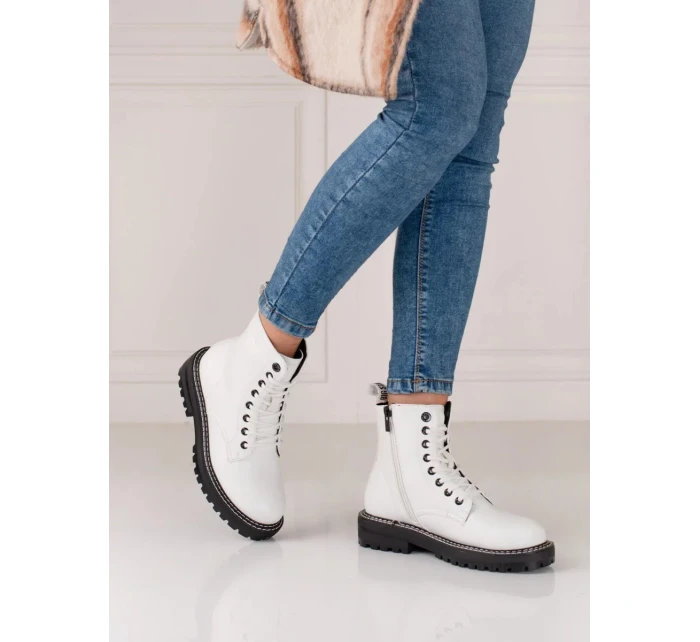 Dámské kotníčkové boty na plochém podpatku KK274539 Bílá s černou - BIG STAR