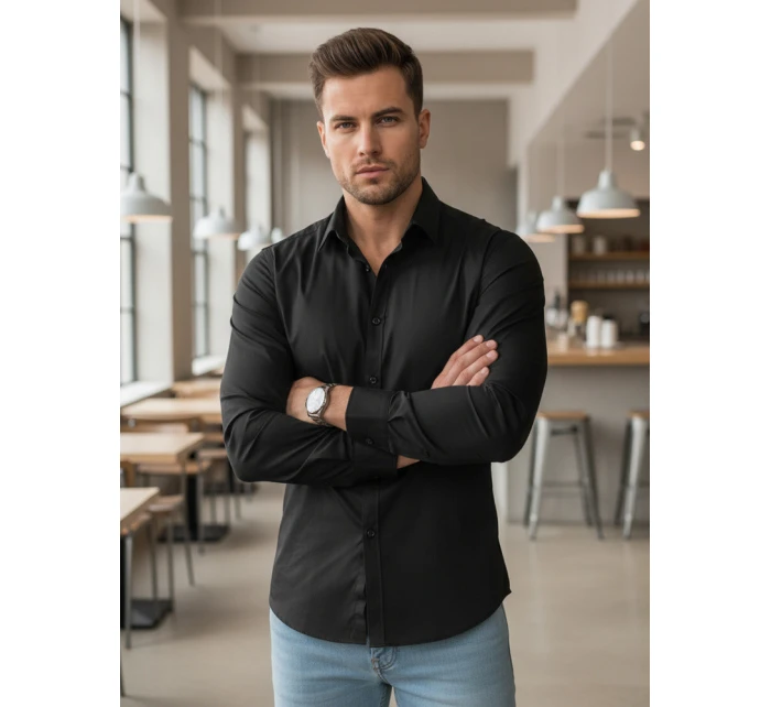 Pánská elegantní hladká černá košile REGULAR FIT FashionStreet DX2538