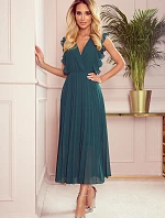 EMILY - Plisované dámské šaty v lahvově zelené barvě s volánky a výstřihem 315-1