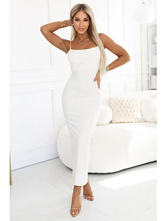 673-1 Midi šaty s tenkými ramínky a jemným leskem - ecru barva