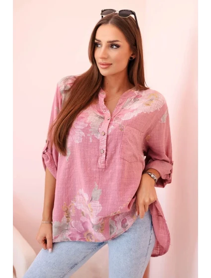 Dámská blůza z bavlny s květinovým vzorem a knoflíky v tmavě růžové barvě