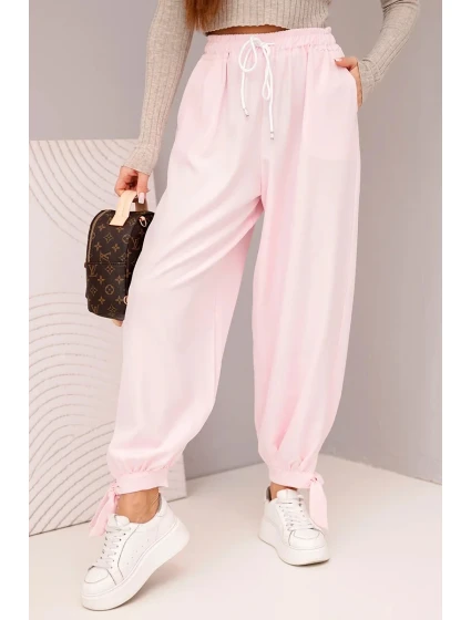 Dámské kalhoty s širokými nohavicemi a zavazováním dole cukrově růžový