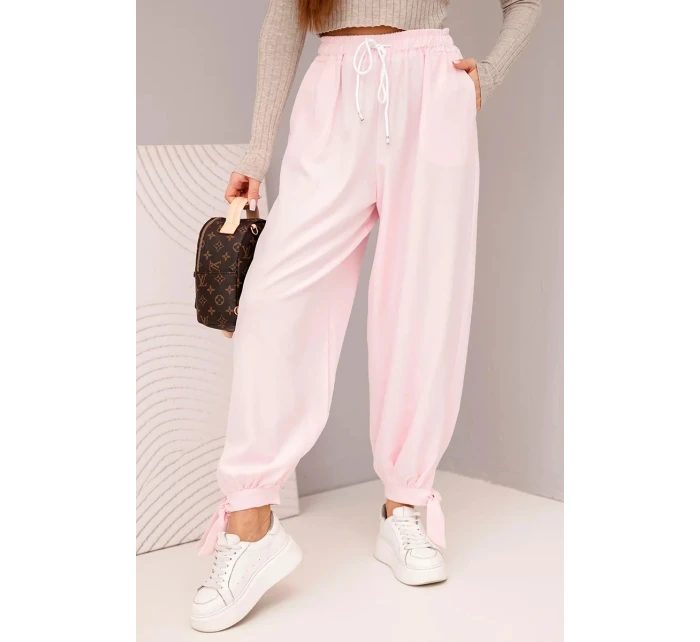 Dámské kalhoty s širokými nohavicemi a zavazováním dole cukrově růžový