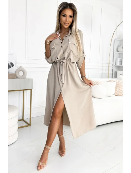 Béžové dámské košilové midi šaty se zlatými knoflíky a se zavazováním model 19742301 - numoco basic