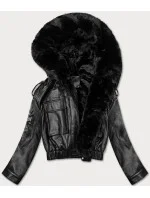 Černá krátká kožená bunda pro přechodné období s kožešinou model 21247782 - J.STYLE