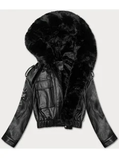 Černá krátká kožená bunda pro přechodné období s kožešinou model 21247782 - J.STYLE