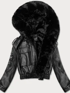 Černá krátká kožená bunda pro přechodné období s kožešinou model 21247782 - J.STYLE