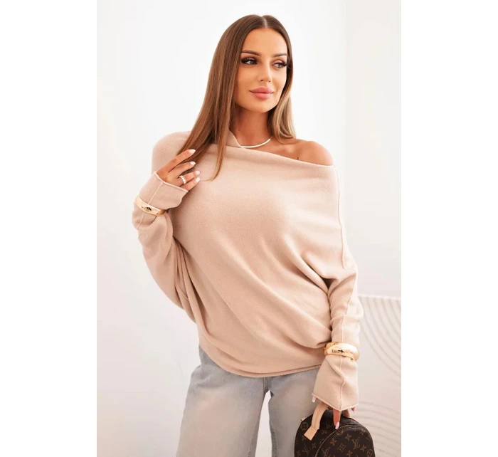 Dámský asymetrický model 21301099 svetr z viskózy béžový - K-Fashion Dámský asymetrický model 21301099 svetr z viskózy béžový - K-Fashion