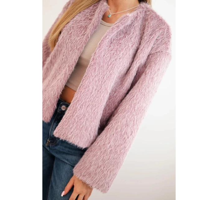 Dámská bunda s kožešinou bez zapínání tmavě růžová
