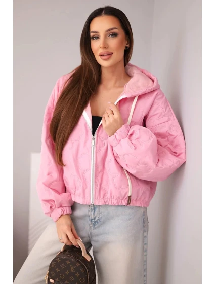 Dámská prošívaná bunda s kapucí a ozdobným květinovým model 22102092 světle růžová - K-Fashion