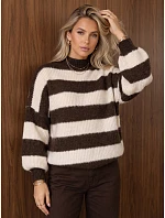 Dámský oversize rolák s pruhy v čokoládově-béžové barvě FashionStreet MY2630 Dámský oversize rolák s pruhy v čokoládově-béžové barvě FashionStreet MY2630