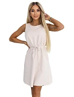 296-17 VICTORIA Trapézové šaty bez rukávů s páskem - béžové