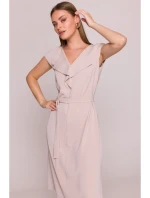 S411 Šaty bez rukávů s volánkovým výstřihem - béžové S411 Šaty bez rukávů s volánkovým výstřihem - béžové